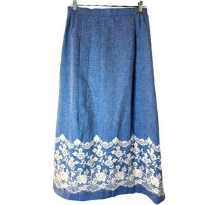 60s Vtg MALBE Long Maxi Skirt Chambray & Lace Women's Small